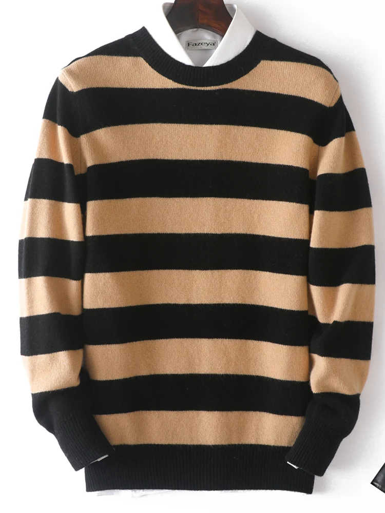 

Youth Thick 100%Wool Knitted Pullover Men's Crewneck Jacquard Striped Sweater Fashion Loose Tops High end Warm Woolen Base Shirt