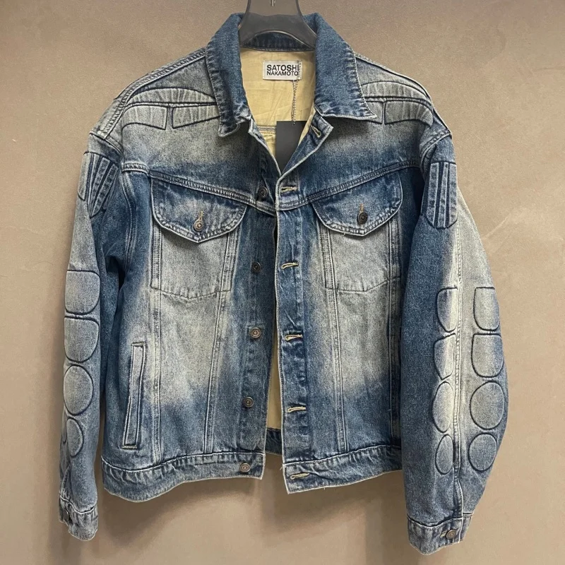 Men Vintage Washed Denim Jacket Satoshi Nakamoto Embossed Stitch Loose Jean Coat