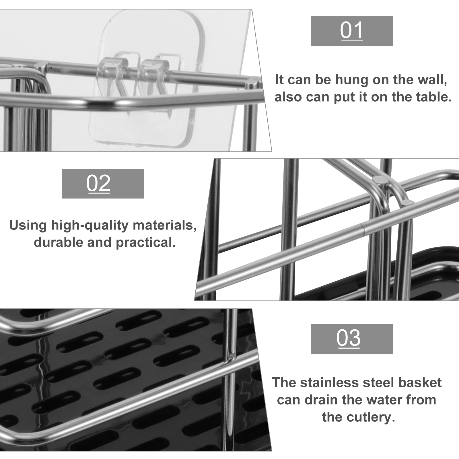 

1pc Stainless Steel Stainless Steel Storage Shelf Rack Kitchen Drain Shelf Wall Mountable Cutlery Holder Space Saving Black