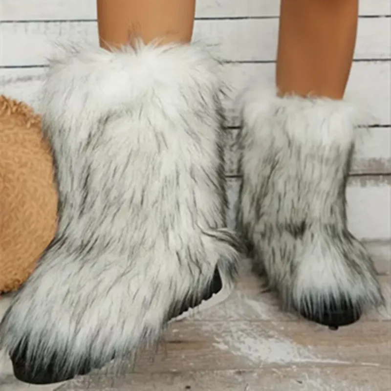 

2024 New Women Fluffy Faux Fox Fur Boots Woman Plush Warm Snow Boots Luxury Footwear Girls Furry Fur Bottes Fashion Winter Shoe