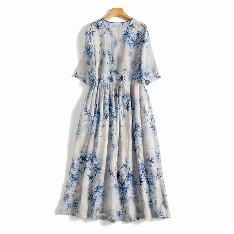 

Sky Blue Print Vintage Linen Thin Lace Up V-Neck Women's Dress Half Sleeve A-Line Mid-Calf Dresses for Women Spring Summer L64