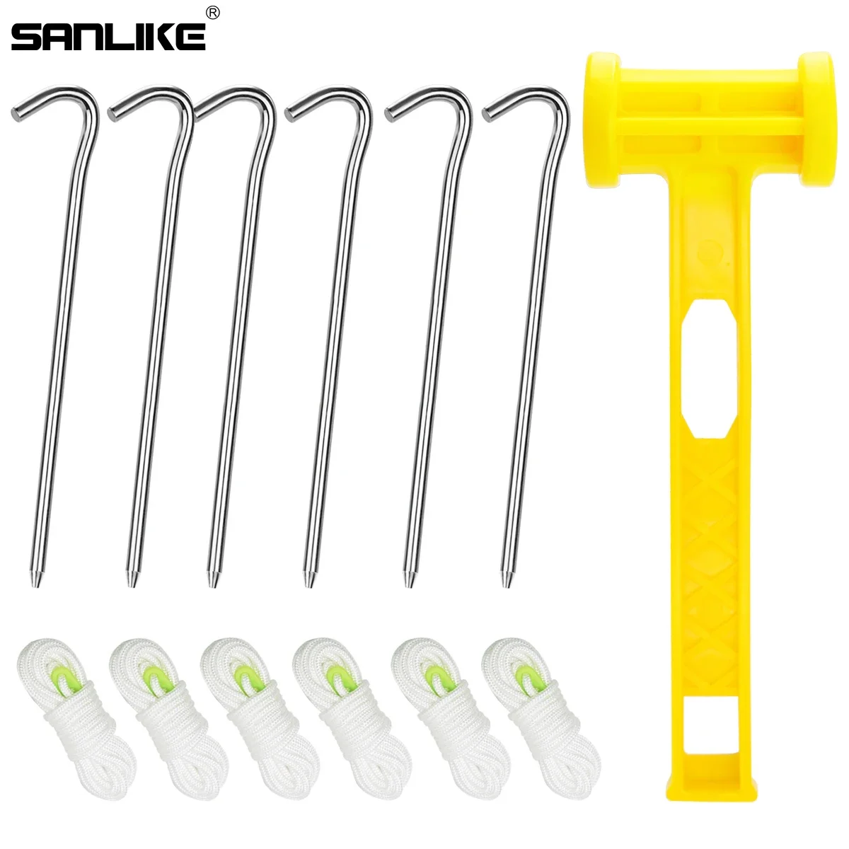 SANLIKE Tent Stakes with Hooks Pull Line Long Rope Plastic Hammer Tool Set for Camping Outdoor Activities Tent Accessories