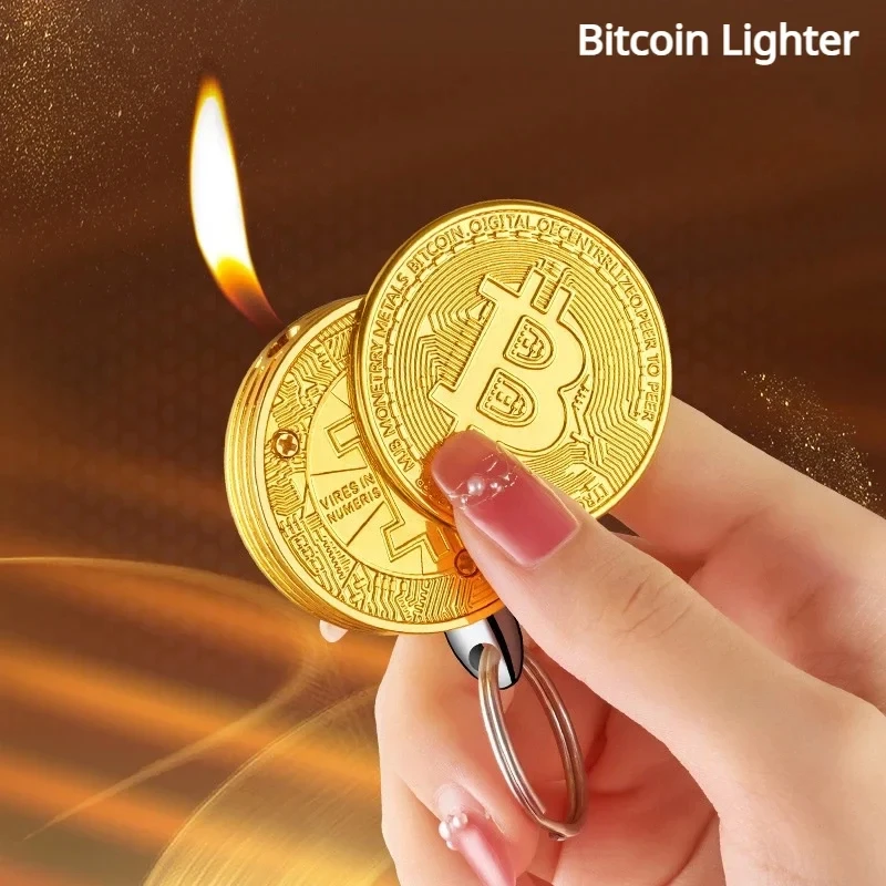 

Hot Metal Bitcoin Shaped Butane Gas Lighter Virtual Commemorative Coin Pendant Open Flame Lighter Portable Cigarette Accessory