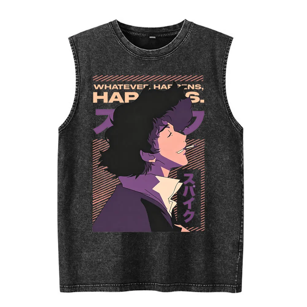 Anime Cowboy Bebop Spike Spiegel Vintage Washed Tank Tops T Shirts Men Women Clothing Cotton Oversized Sleeveless Vest T-shirts