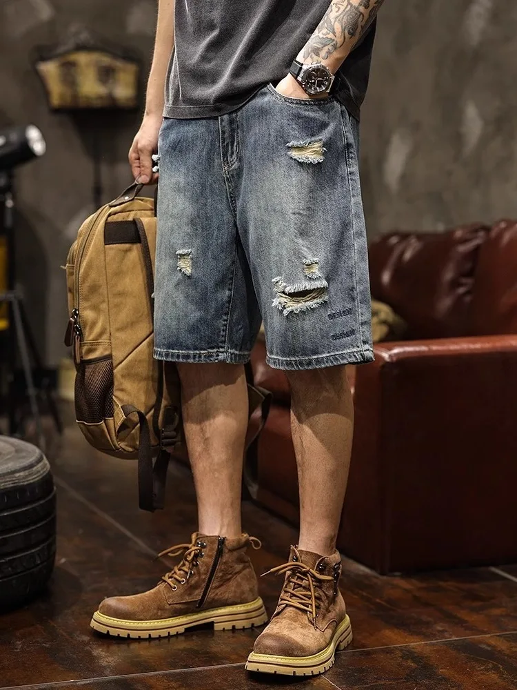 

Мужские джинсовые шорты лето 2025: Новинка, прямой крой, свободные, повседневные, длиной до колена, дышащие, комфортные, с эффектом потертости