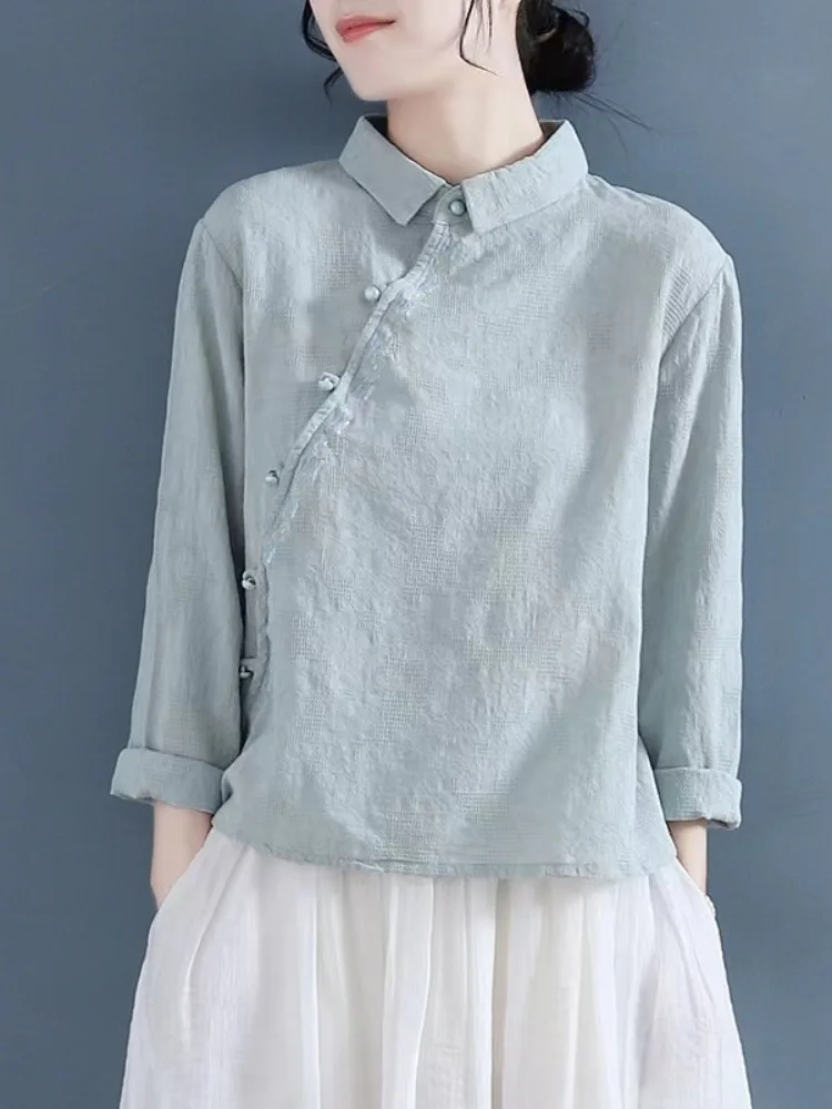 

Ele Slimming Women's Embroidered Cotton Linen irt Spring Season Collar Long Sve Regular Fit Retro Sle Top