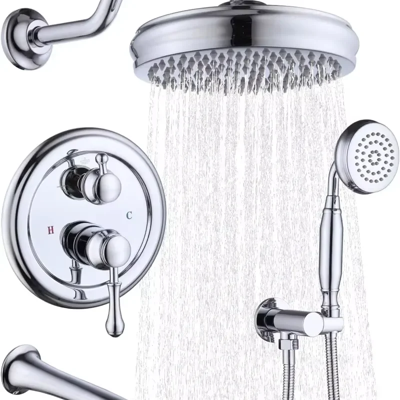 Wall Mount Bathtub Shower Faucet System Complete Kit Rain Shower With Spout and Handheld Spray Chrome Shower Fixture