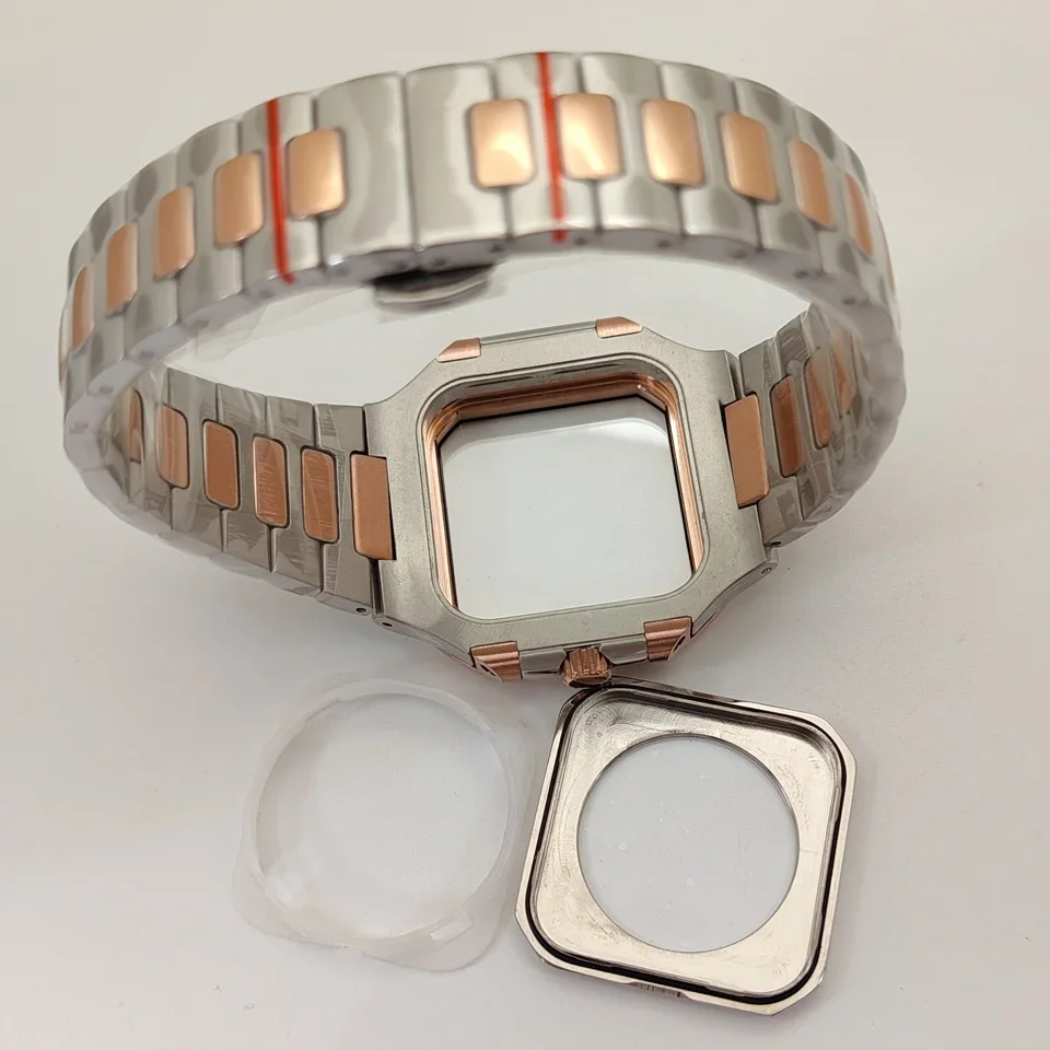 

42MM Square Rose Silver Watch Case for NH35/NH36/4R Movement Sapphire Glass+Central Link Bracelet for 29.5mm Dial