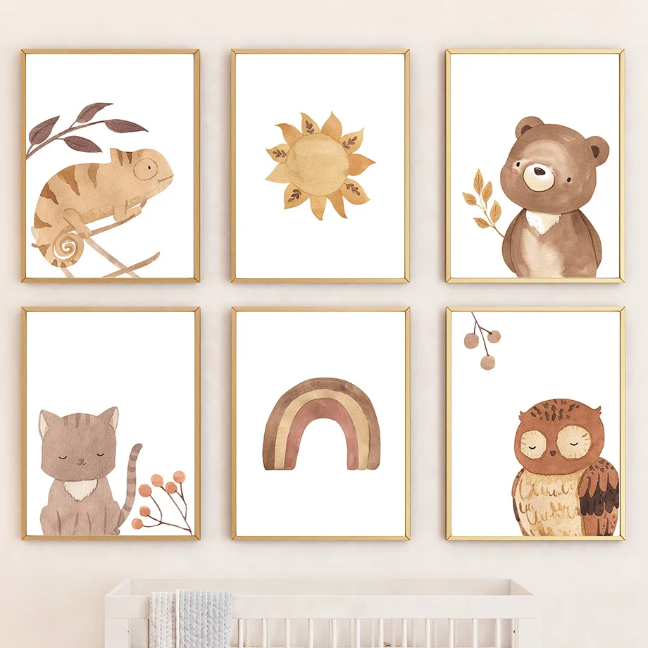 Chameleon Bear Owl Rainbow Boho Animals Wall Art Canvas Painting Nordic Posters And Prints Nursery Wall Pictures Kids Room Decor