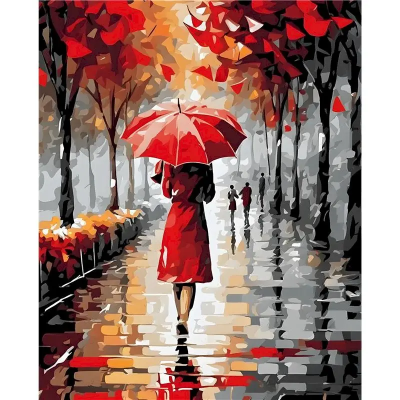 

GATYZTORY Painting By Number Red Umbrella Woman On Canvas HandPainted Art Gift DIY Drawing By Number Rainy Street Home Decor