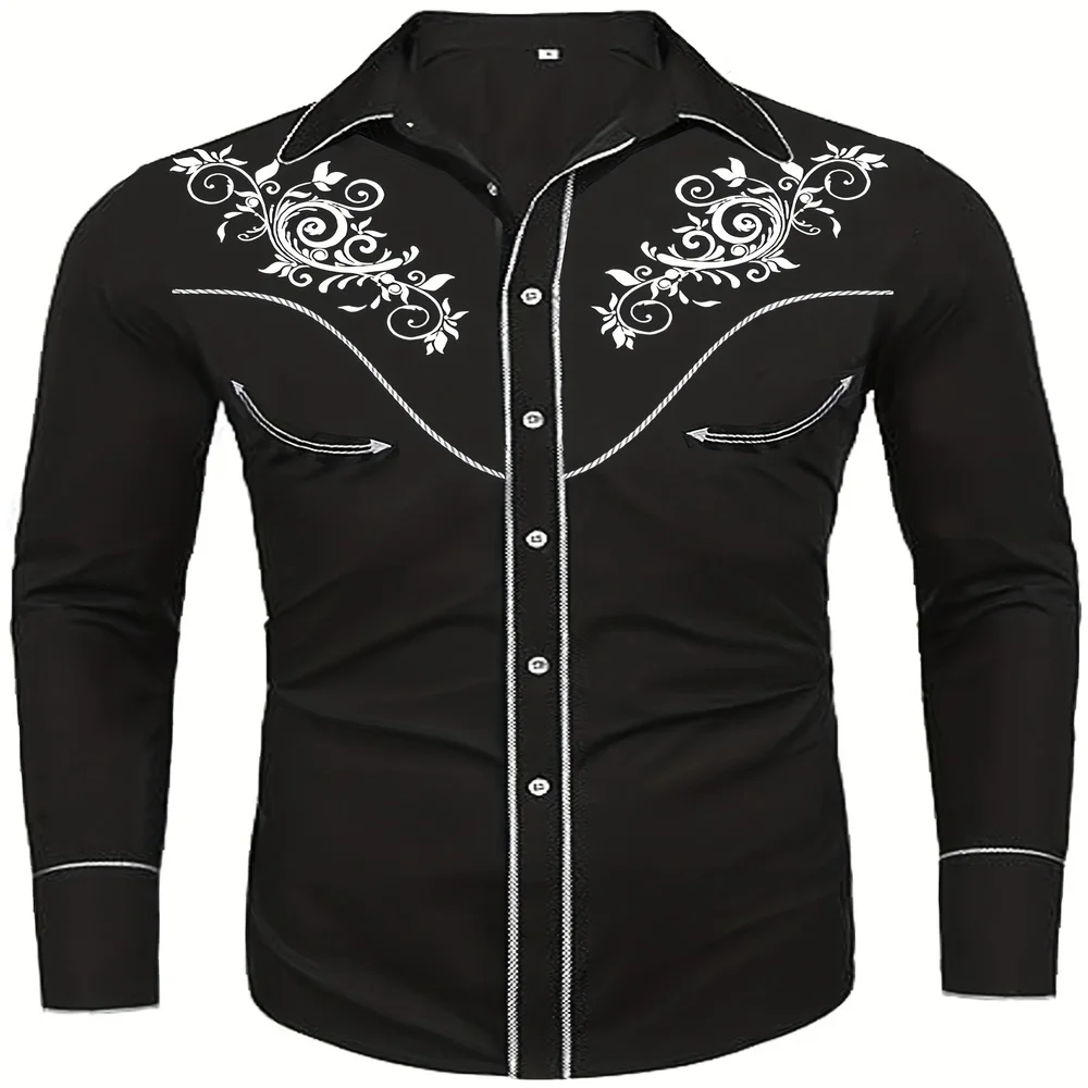 Western Cowboy Style Men\'s Embroidered Casual Long Sleeve Button Down Shirt, Spring and Autumn