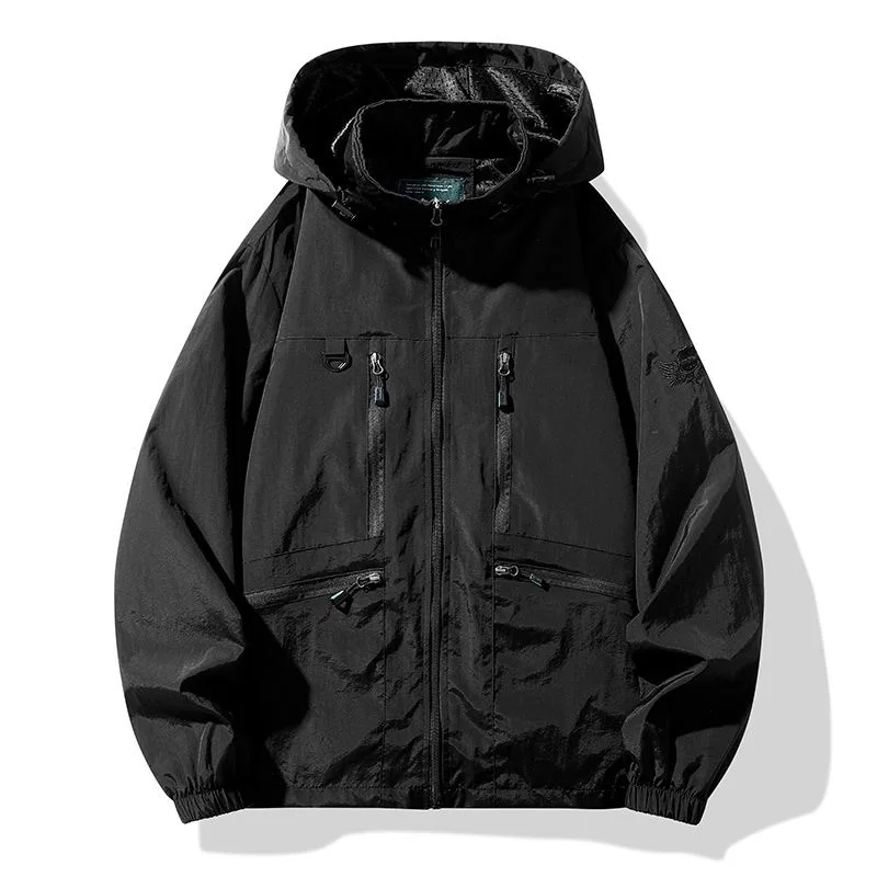 Spring and Autumn Fashion Solid Color Outdoor Sports Waterproof Multi-pocket Hooded Jacket Men's Casual Loose High-quality Coat