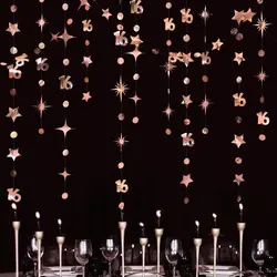Decoraciones de cumpleaños para niñas de 16 años, globos de feliz cumpleaños, guirnalda de puntos, banderines colgantes, Estrella de oro rosa, 16 años