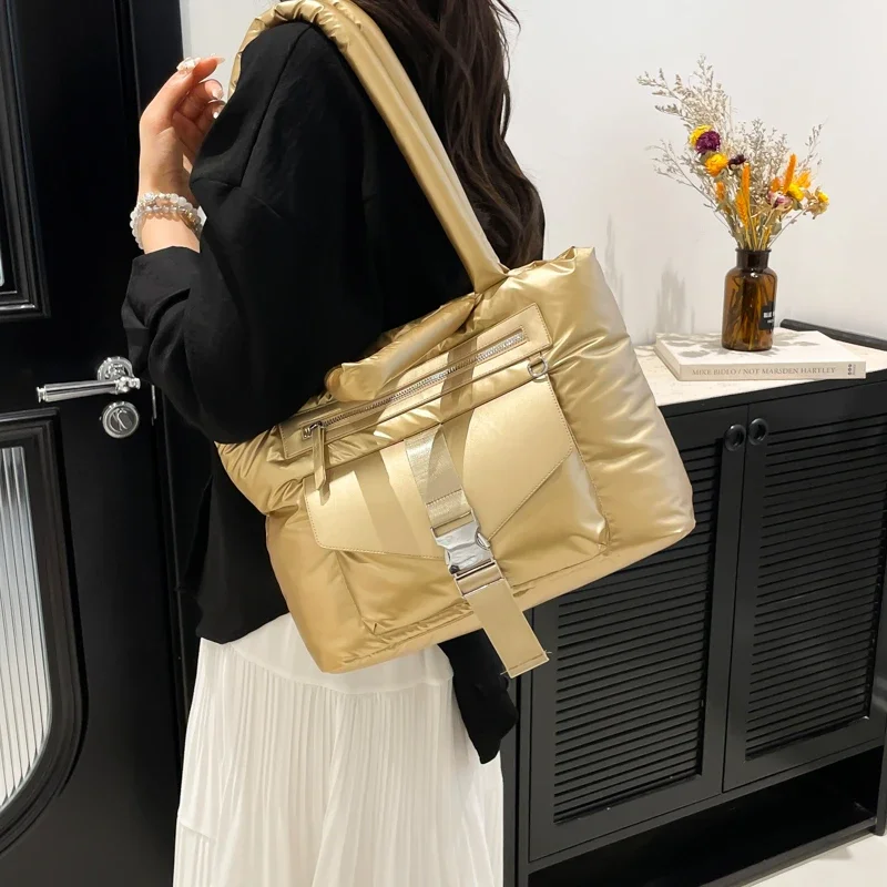 

2025 Winter Hand bag Fashion Space Cotton Handbags Women Large Capacity Tote Bag Feather Padded Lady Quilted Nylon Shoulder Bags