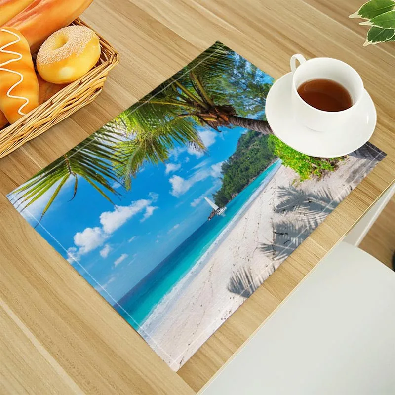 Beach Landscape Coconut Trees Print Linen Dining Table Mats Alphabet Kitchen Placemat 30X40cm Coasters Pads Bowl Cup Mat