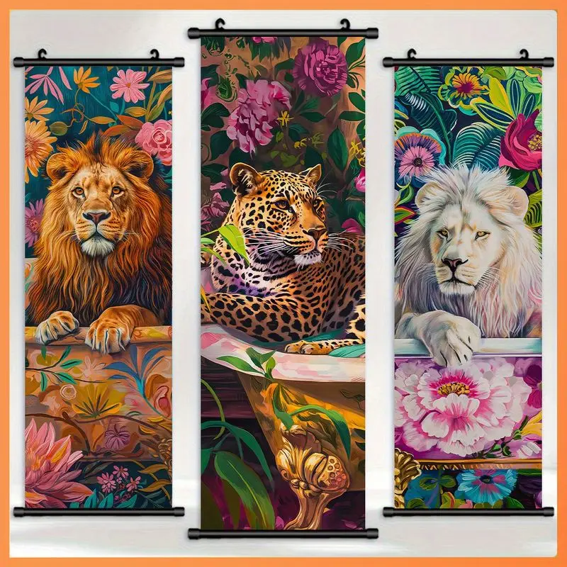 VIKAMA Jungle Animals Scroll Tapestry, Oil Painting-Style Lion and Leopard Art Vertical Wall Hanging, Living Room Home Decor
