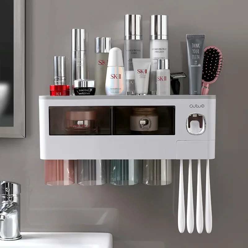 Toothbrush Bathroom Accessories Set Wall Mount Storage Rack Toiletries Storage Toothpaste Dispenser with Cup  Mug Holder Rack