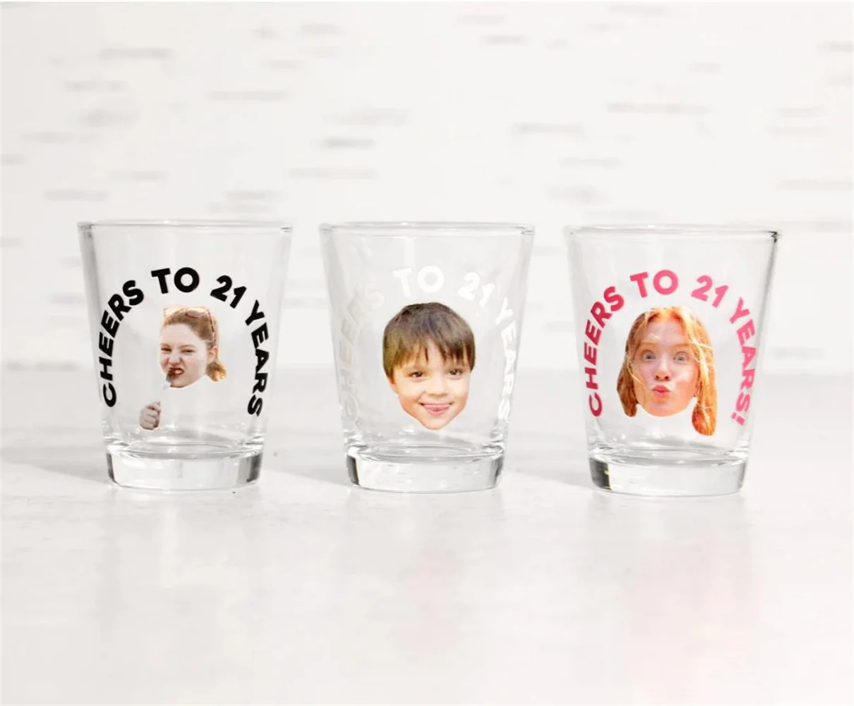 Cheers to 21 years shot glass, Bday shot glasses, 21st birthday party favors, 21st birthday shot glass, Shot glass with picture