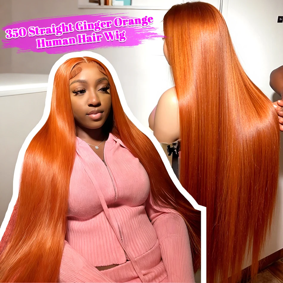 

350 Straight Ginger Orange Human Hair Wig 34Inches Lace Front 13x6 13x4 HD Frontal Colored Wigs PrePlucked For Women 220 Density