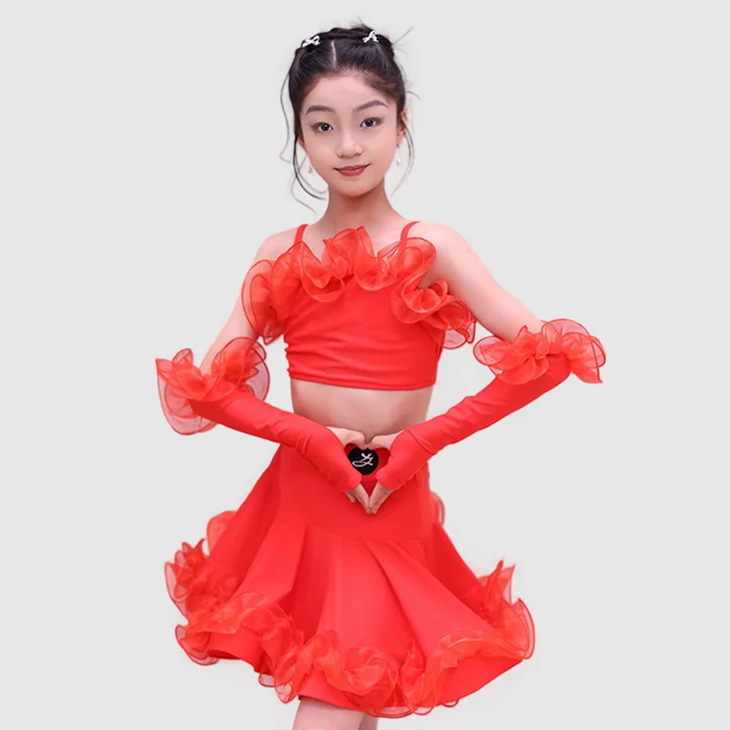 

2026 Детская одежда для соревнований по латинским танцам для девочек, красные топы, юбки с разрезом, костюм для самбы-чачи, детская одежда для латинских танцев XH4024