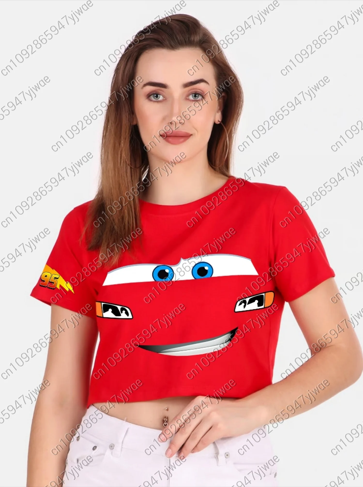 女性アメリカンライトニングマックィーンセクシーなブラウス tシャツクロップドショート Tシャツ女性ラウンドネックカジュアルショートトップス Tシャツ