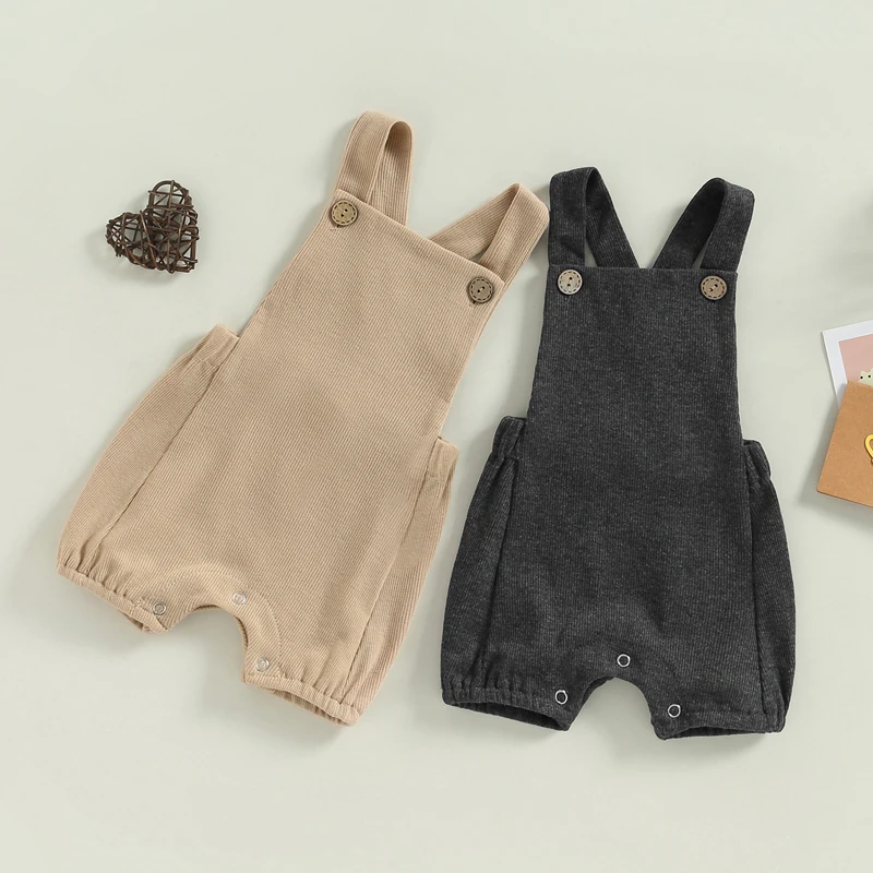 

0-18M Baby Girls Boys Summer Casual Jumpsuit Solid Color Sleeveless Suspender Pants with Pockets