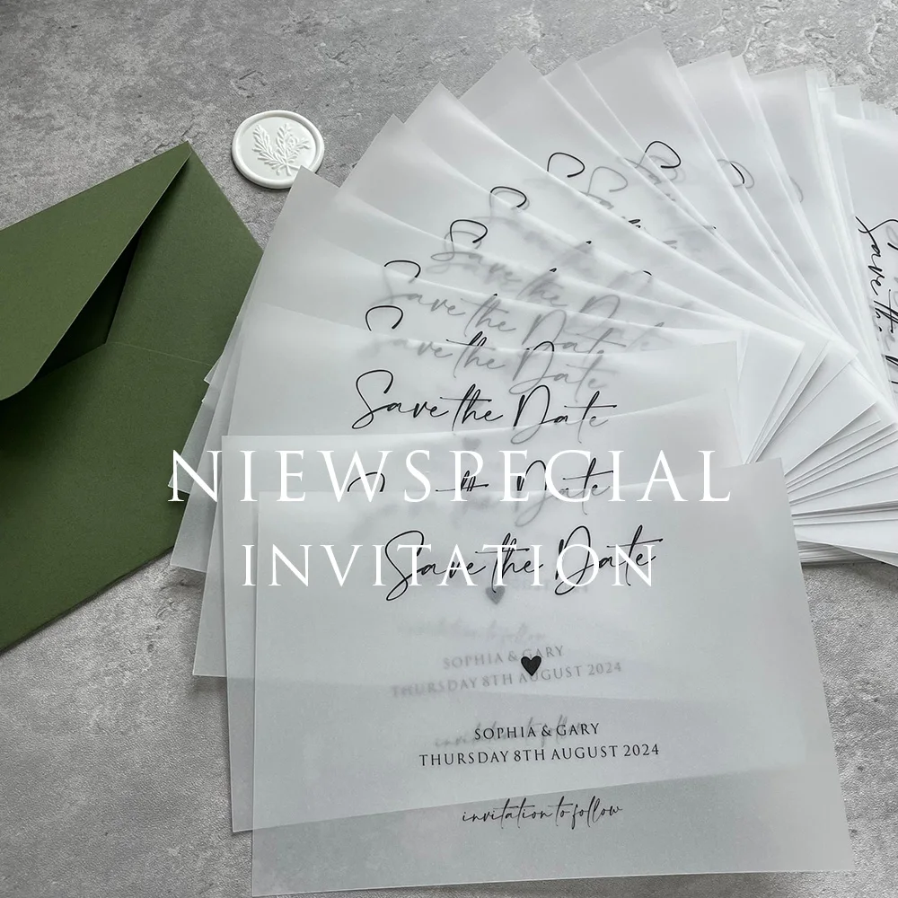 

'Save the Date' Vellum Paper Card Custom Name Cards with Green Envelope and Seals