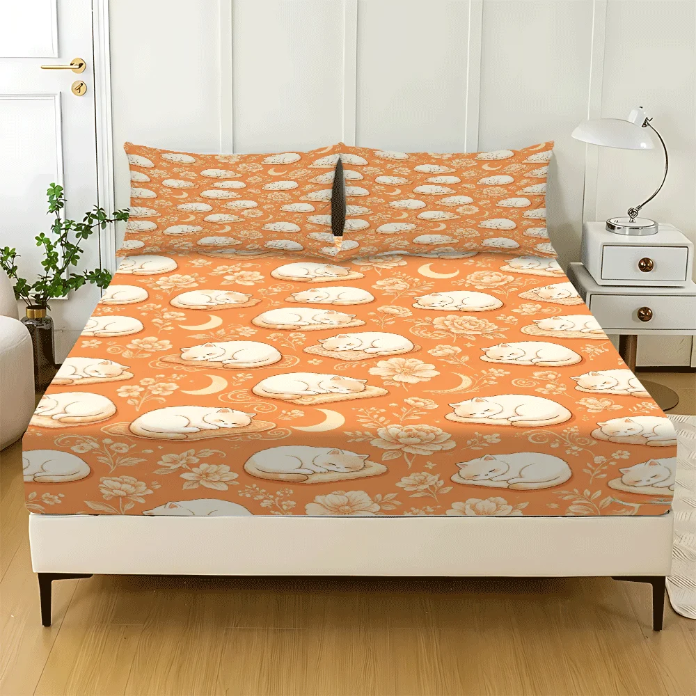 3-Piece Mattress Protector Set, 1 Fitted Sheet + 2 Pillowcases (Without Filling) 2D Flat Printing, Mattress Protector, Fitted Sheet Protector, Mattress Cover, Elastic Fitted Sheet Cover, Cute Cat Mattress Protector, Mattress Cover, Elastic Fitted Sheet Cover King/Twin/Queen Size Fits Various Sizes