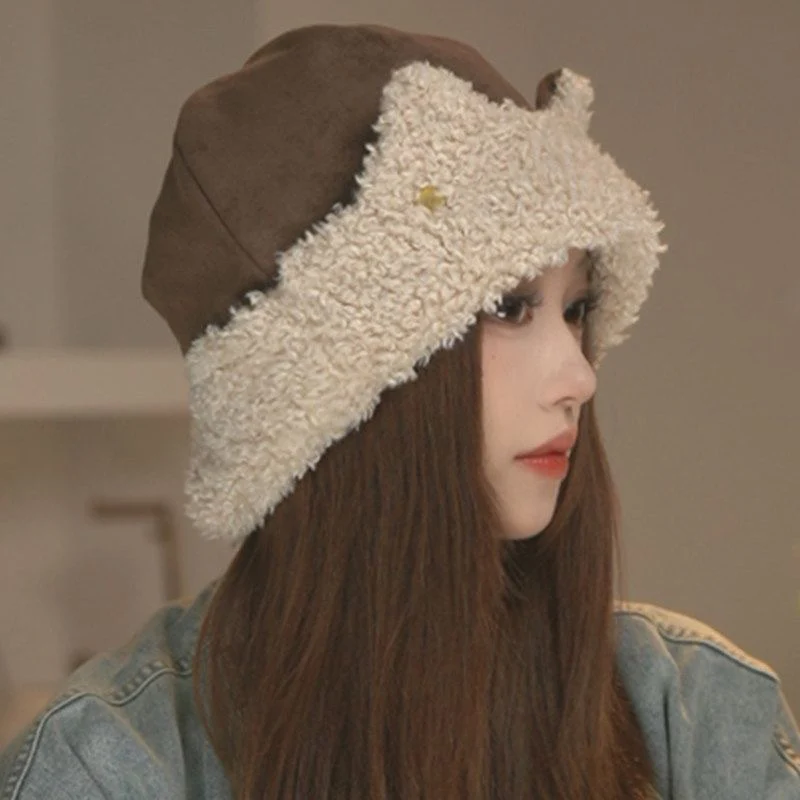 Cute Cat's ears (Steamed cat-ear shaped bread) Lamb Fleece Lei Feng Hat Autumn and Winter Cycling Warm Show Face Small Ear Prot