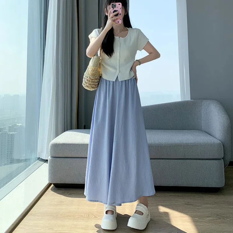 Simplicity Casual Summer Solid Women\'s Elastic Waist Pleated Fashion Breathable Loose High Waist Wide Leg Ankle Length Pantskirt