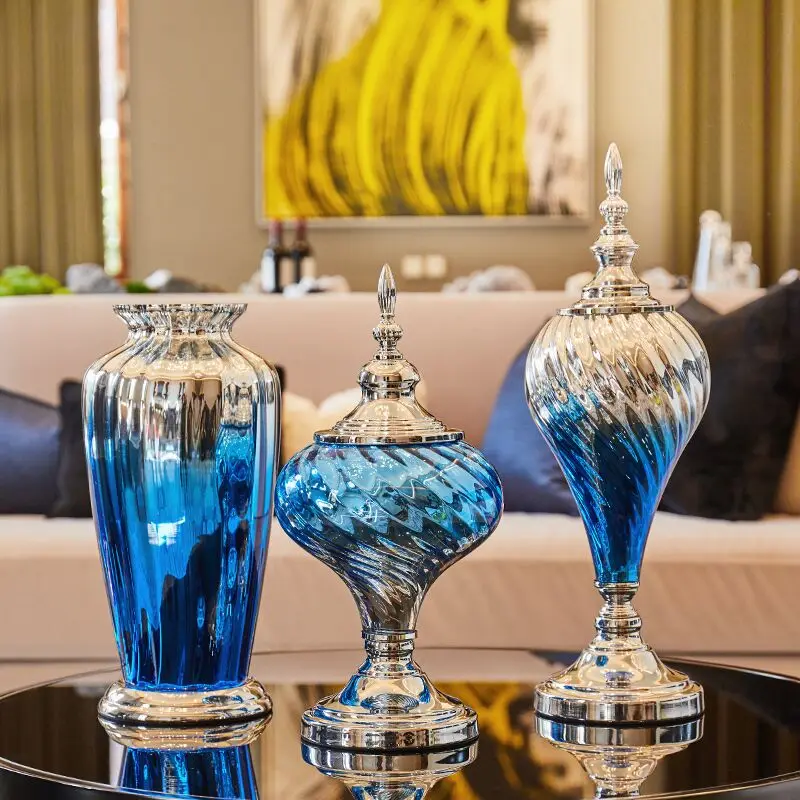 Luxury Sapphire Crystal Glass Vase with LidLiving Room Decoration Storage Jar Gradient Glass Flower Vase Dining Table Decoration