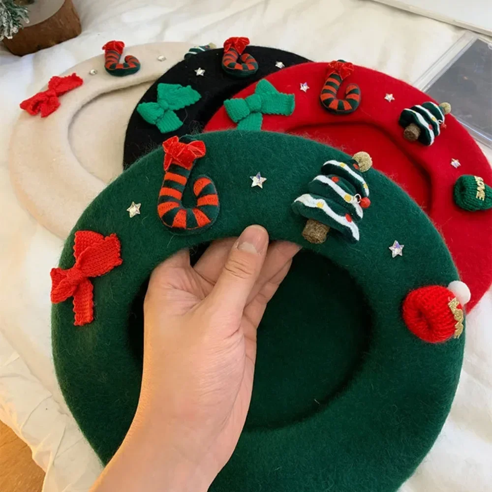 Christmas Hat Red Green Beret Female Winter Headwear Xmas Party Dress Up New Year Gifts Sweet Girl Women Wool Tweed Beret Cap