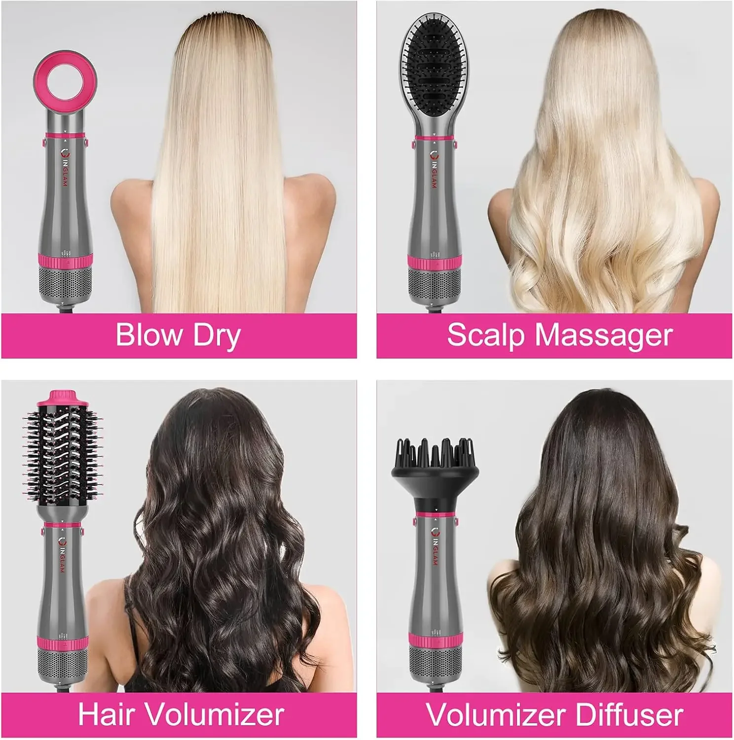 NEW INGLAM 4 in 1 Blowout Brush, Negative Ion Detachable Hair Dryer & Styler Volumizer Hot Air Brush with 2 Styling Brush Heads,