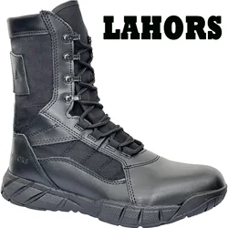 LAHORS Leather Lightweight Man Tactical Boots Combat Boots Anti-Collision Lace Up Waterproof Outdoor Hiking Breathable Shoe