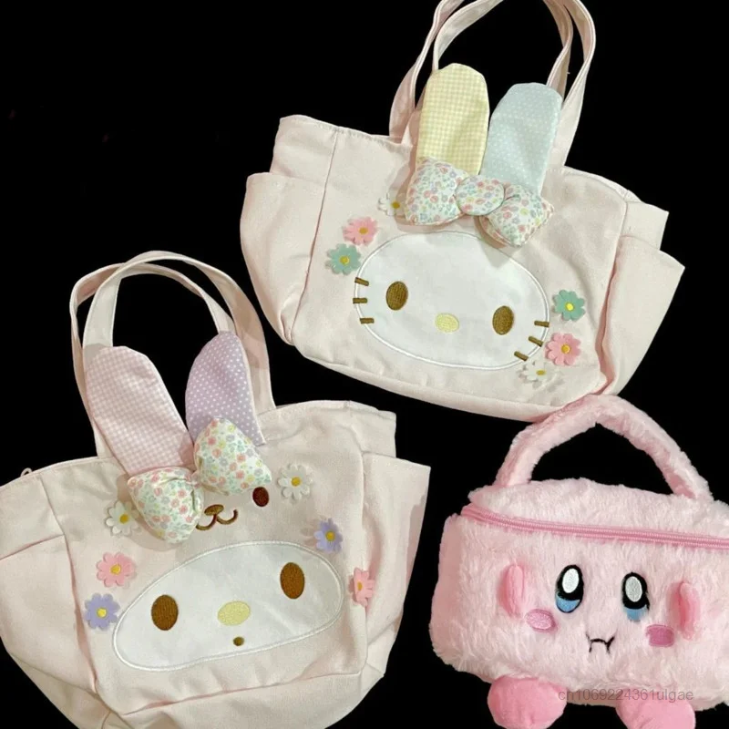 Sanrio Hello Kitty Melody Pink Bags Cute Casual Canvas Totes Y2k Student Bento Bag Commuting Bag Women Cartoon Fashion Handbags