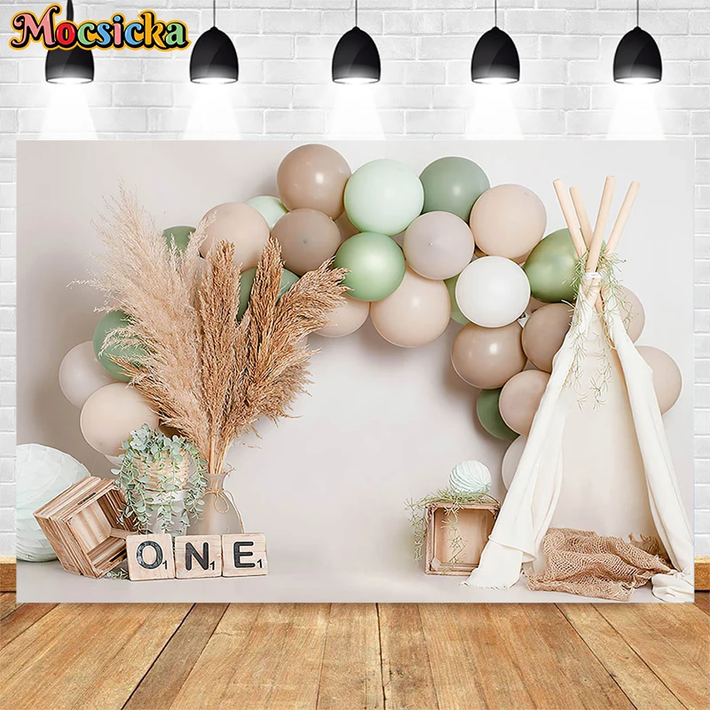 

Bohemia Pampas Grass Tents Newborn Cake Smash Photography Backdrops Boho Balloons Decor Baby Girl 1st Birthday Photo Background