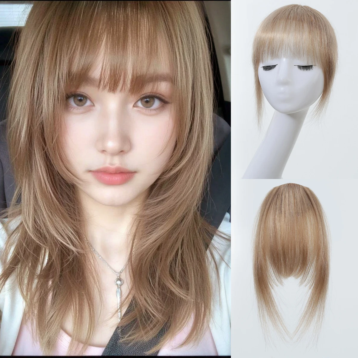 Clip in Bangs Hair Pieces 100% Human Hair Extensions Peach Brown Blonde Air Bangs with Temples for Women Cosplay Party Use
