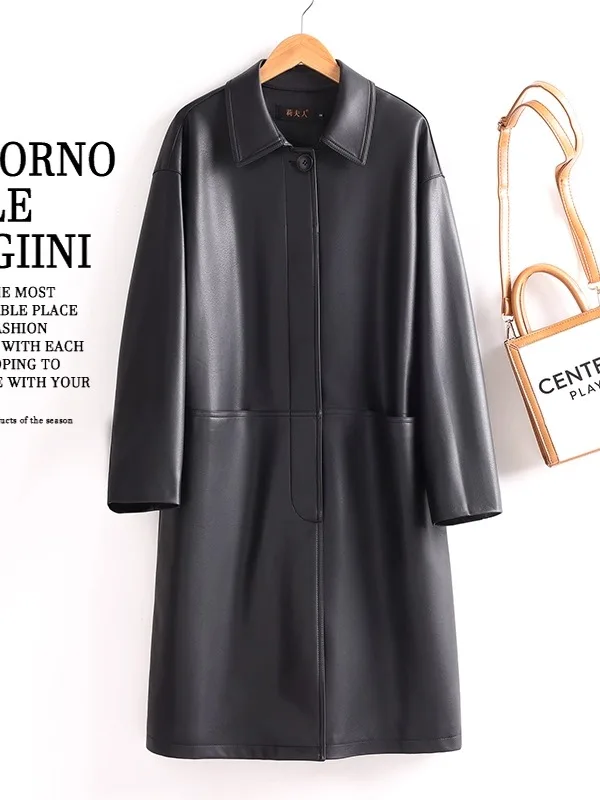 Women's Mid-Length Leather Coat eepskin Loose Fit Casual Sle Autumn New Arrival Faion Outerwear Long Sve  Collar