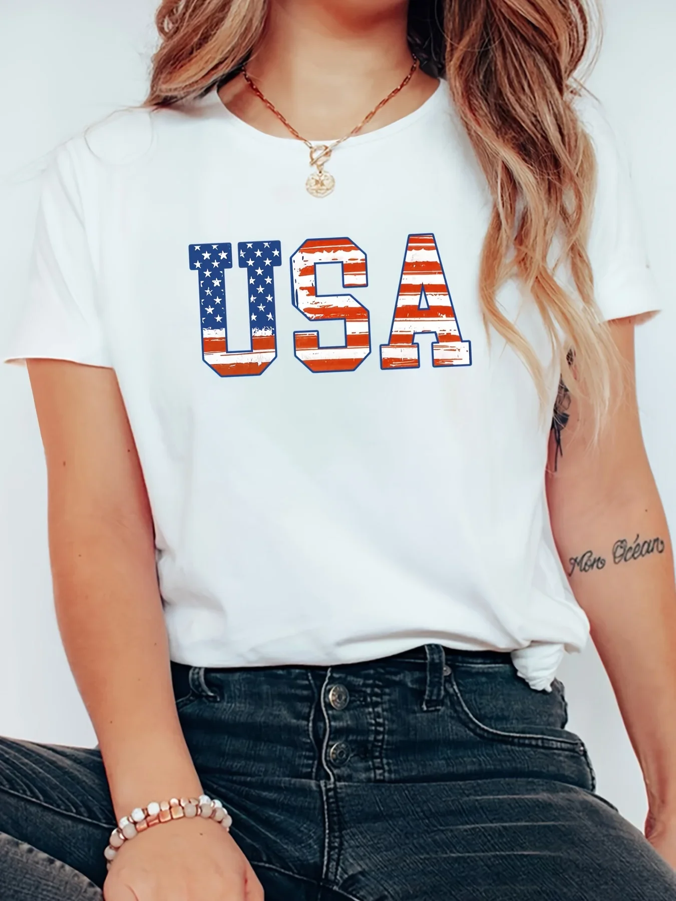 Maglietta sportiva girocollo con grafica bandiera americana USA per il giorno dell'indipendenza, top Casual a maniche corte