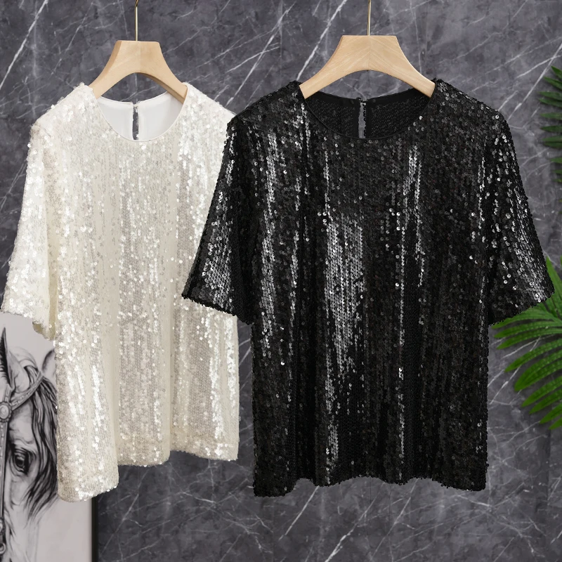 

Shiny Handmade Bead Short Sleeve T-Shirt Women's Summer Fashion Elegant Ladylike Top Polyester round Neck Commute Style
