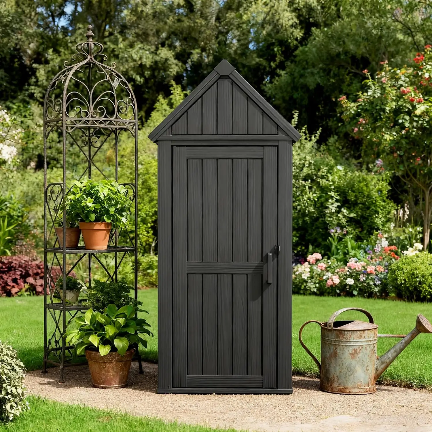 Vertical Outdoor Storage Shed Waterproof Resin Cabinet Removable Shelves & 12 Hooks Lockable Tool Shed Garden Patio, Customized