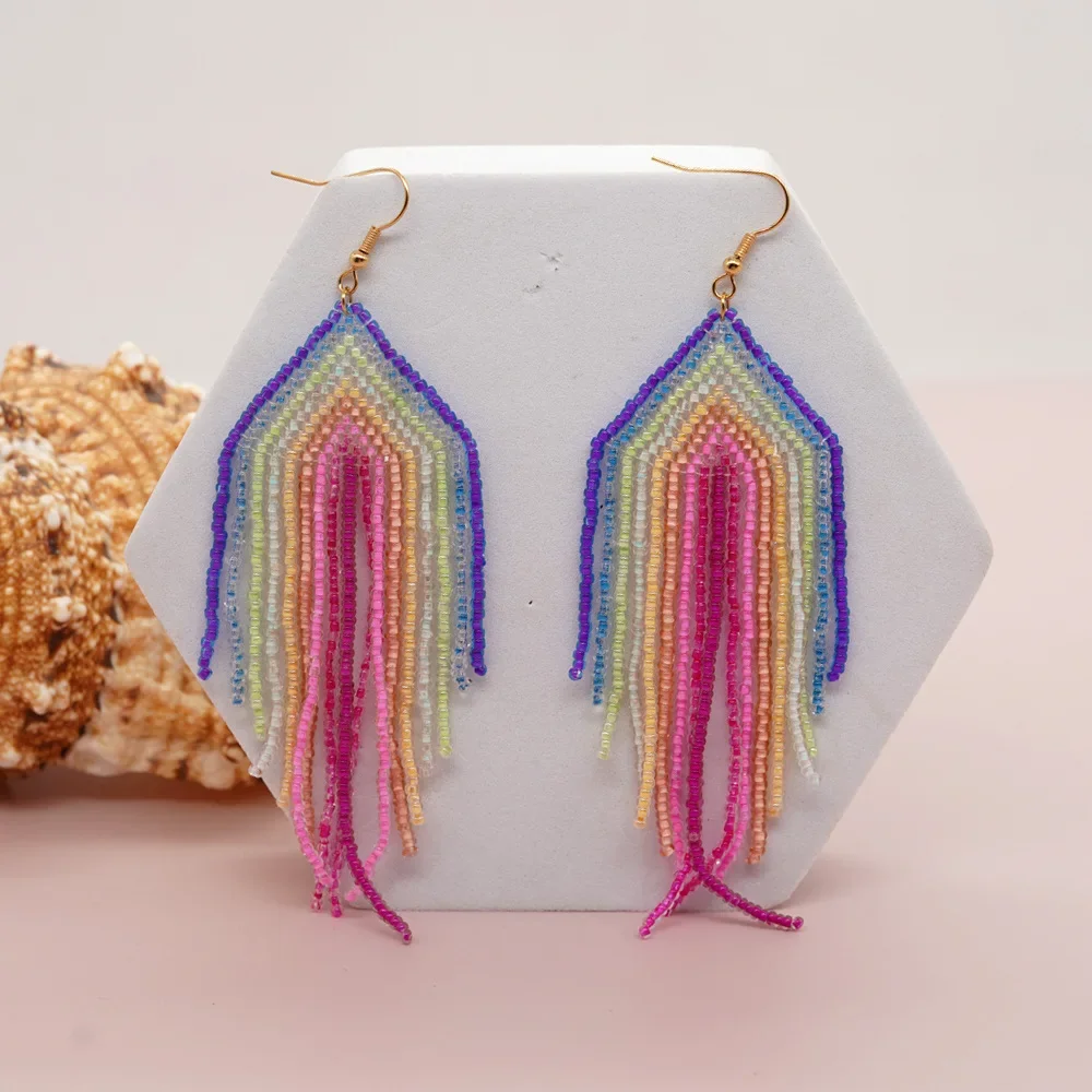 

Rice bead earrings Tassel Rainbow Originality Hand knitting Bohemia Alloy Fashion Simple Beaded earrings