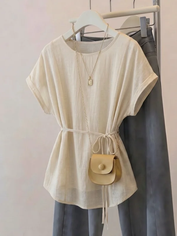 

Thin Cotton Linen Short Sleeve Shirt Women's Summer New Large Size plus Size Mid-Length Belted Waist-Cinching Top