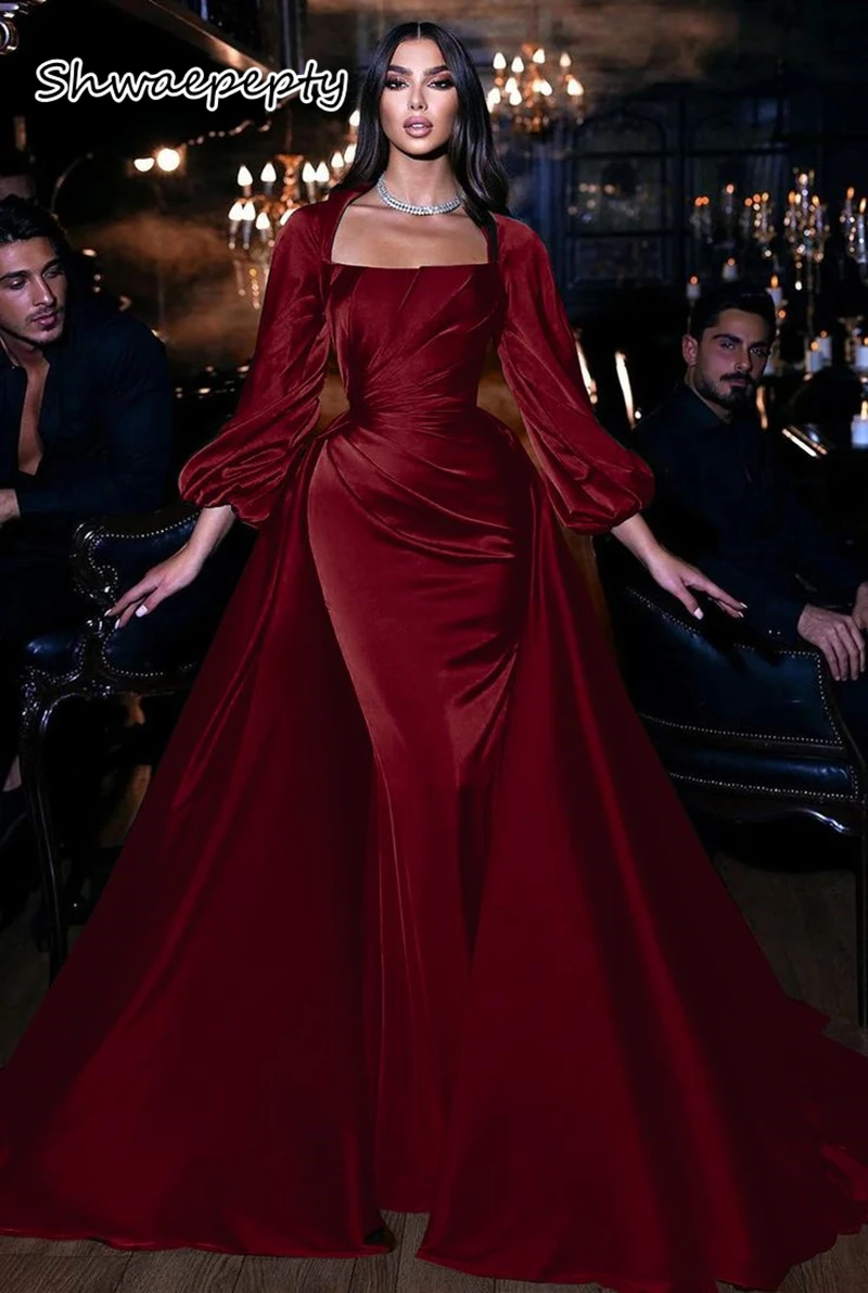 

Elegant Long Burgundy Prom Dresses With Detachable Skirt Long Sleeves Arabic Formal Gown Customized Celebrity Evening Dress