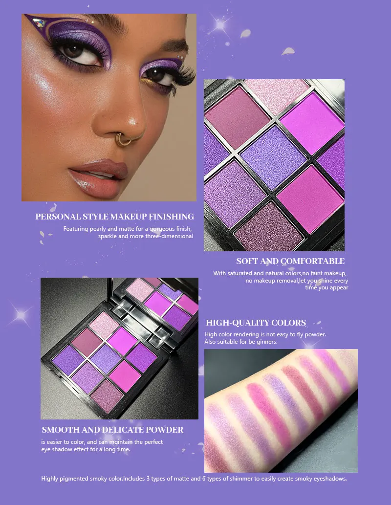 Luxuriöse Lila Lidschatten-Palette 9 Farben Matt und Schimmernd Violett Augen-Make-up für Rauchige oder Natürliche Looks Kosmetik – Detail 4