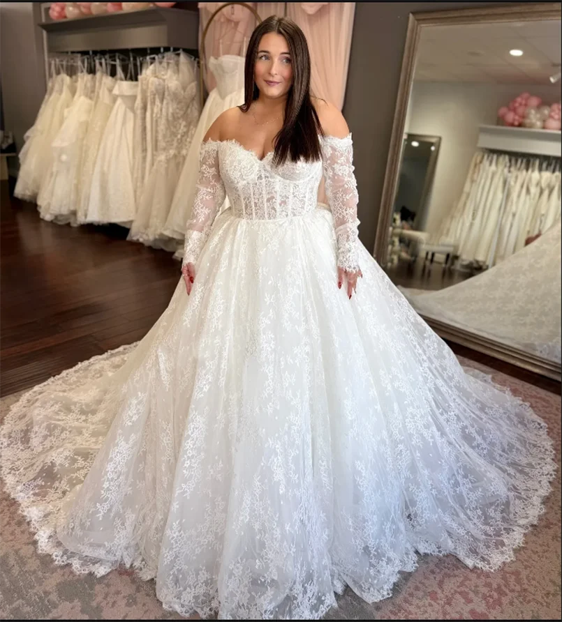 فستان زفاف دانتيل شانتيلي 2026 بأكمام طويلة عاجي لحفلات الزفاف وحفلات الزفاف وحفلات الخطوبة والقلعة الحديقة