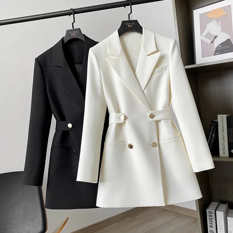 New Women\'s Suit Jacket Spring Autumn Solid Color Double Breasted Fashion Straight Suits Coat Office Female Casual Blazer Black