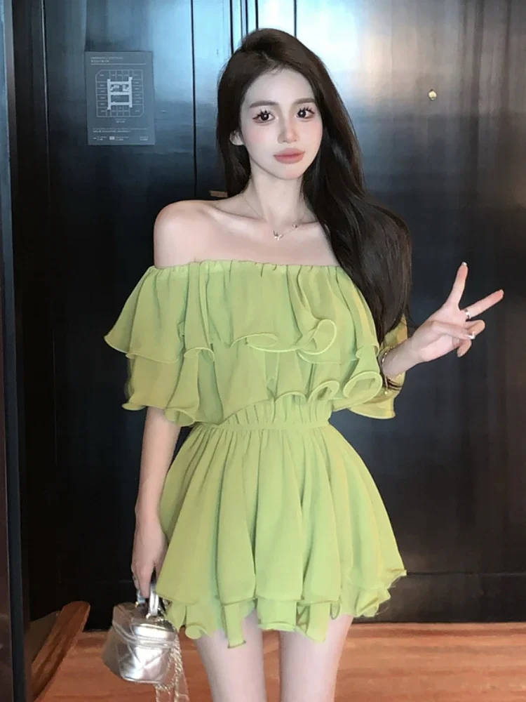 Coquette Kurzarm Off Schulter Sexy Mini Chiffon Satin Weibliche Kleid Seide frauen Kleider Kleidung Elastische Heiße Koreanische Mode