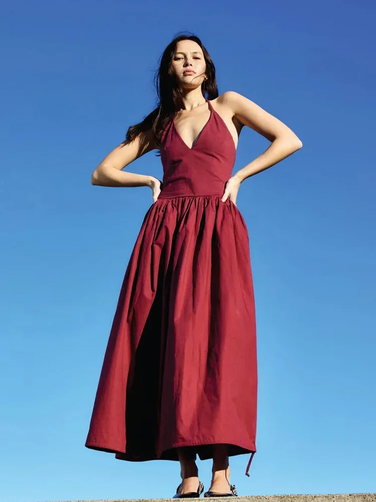 Chicheca Drawstring Cotton Summer Dress Women Casual Backless Halter Burgundy A-line Midi Dress Bronw Autumn Female Vestidos