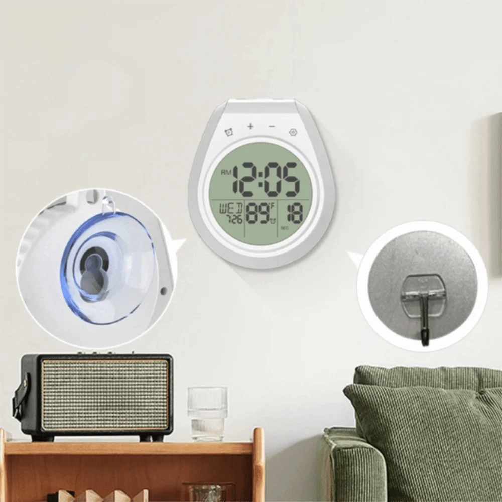 Waterproof Digital Shower Clock LCD Display Suction Cup Bathroom Timer 12/24 Hour Format Temperature and Date Display Wall Clock